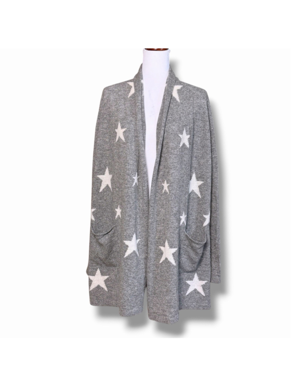 Brodie Mongolian Cashmere Open Front Star Cardigan Gray White Long Pockets XL